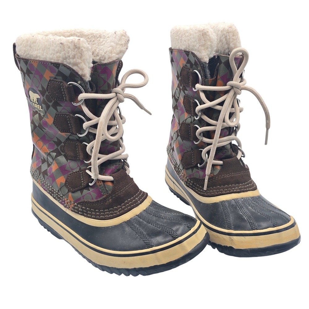 Sorel Pac Graphic Winter Snow Boots Womens Size 7 Waterproof Multi Plaid Leather